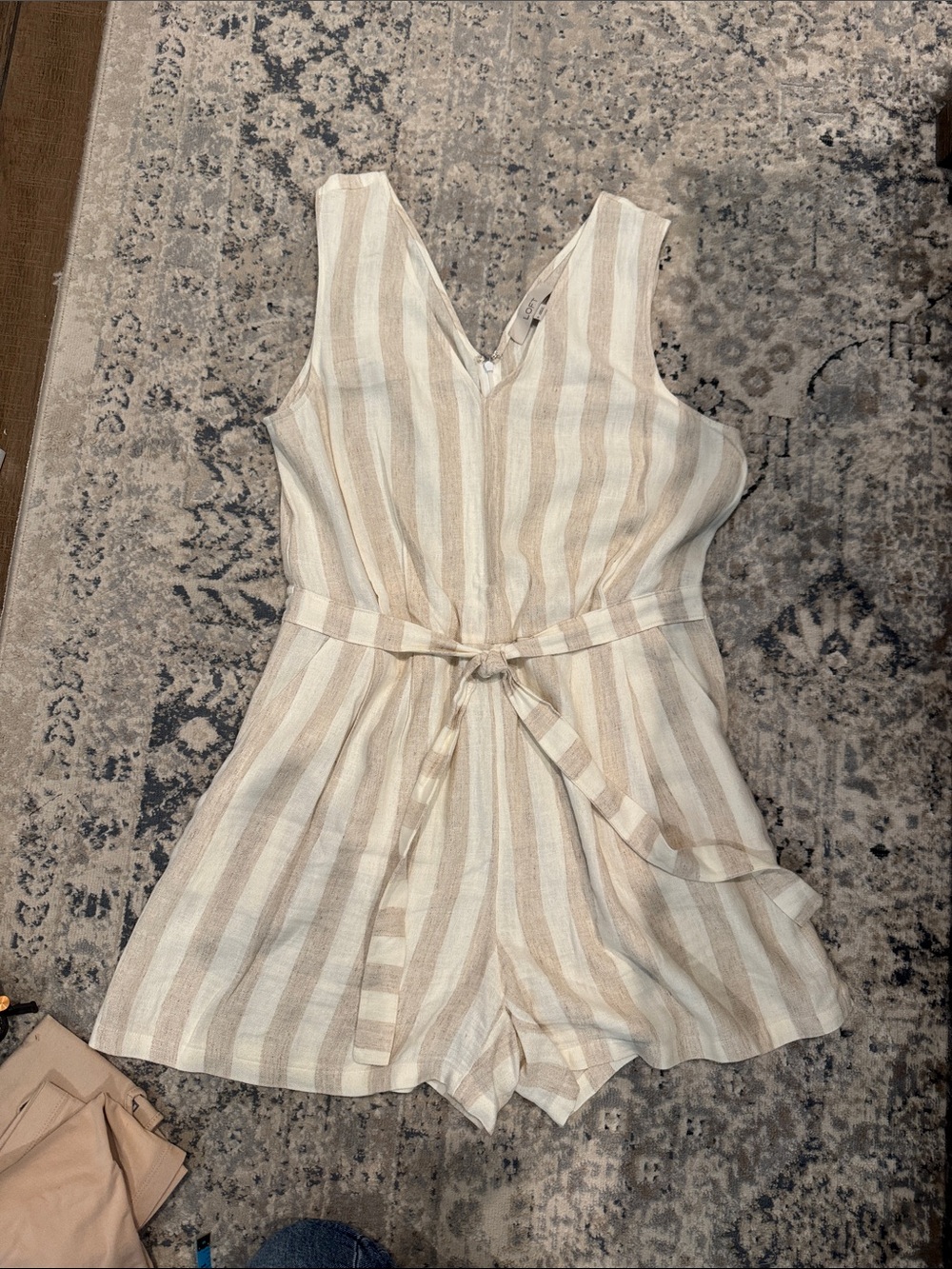 LOFT Neutral Striped Sleeveless Romper in Cream and Tan